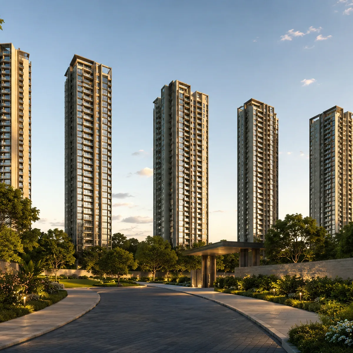 Assetz Nari & Nami indicative arrival along the internal drive, with the entry pavilion and the six towers set back behind planted verges Assetz Nari & Nami indicative arrival along the internal drive, with the entry pavilion and the six towers set back behind planted verges