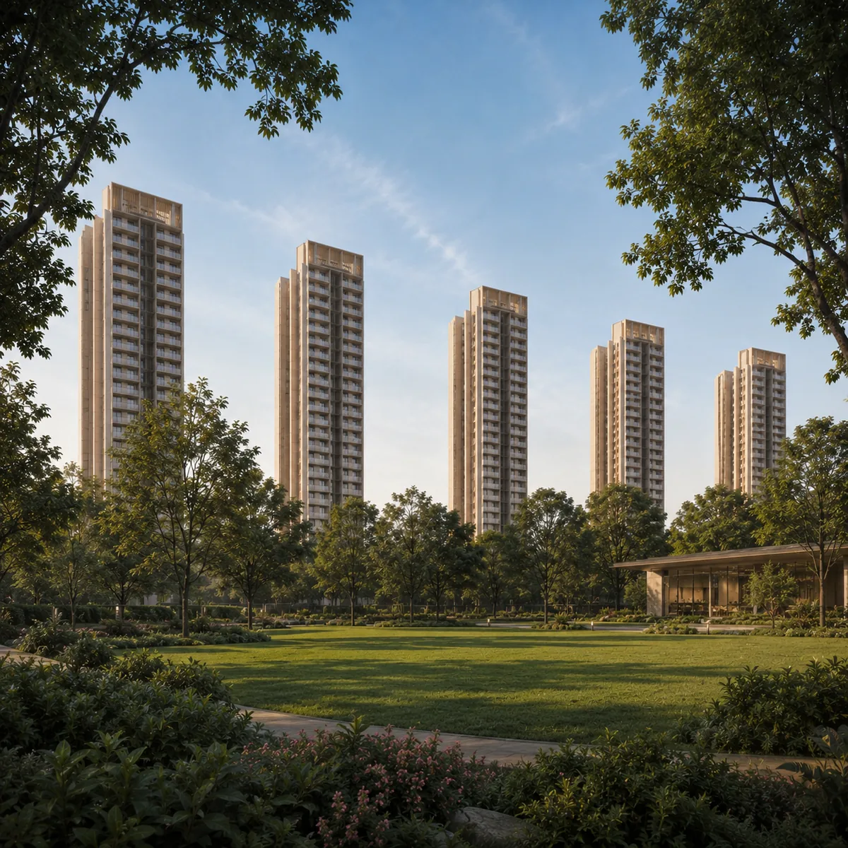 Assetz Nari & Nami indicative landscaped grounds with native tree lines, the open-space share claimed ahead of launch being 75 percent and unconfirmed Assetz Nari & Nami indicative landscaped grounds with native tree lines, the open-space share claimed ahead of launch being 75 percent and unconfirmed