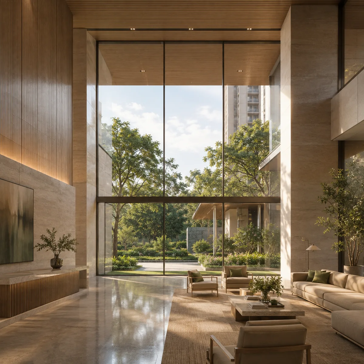 Assetz Nari & Nami indicative double-height tower lobby opening onto the podium garden at Kannamangala on the Whitefield-Hoskote Road Assetz Nari & Nami indicative double-height tower lobby opening onto the podium garden at Kannamangala on the Whitefield-Hoskote Road