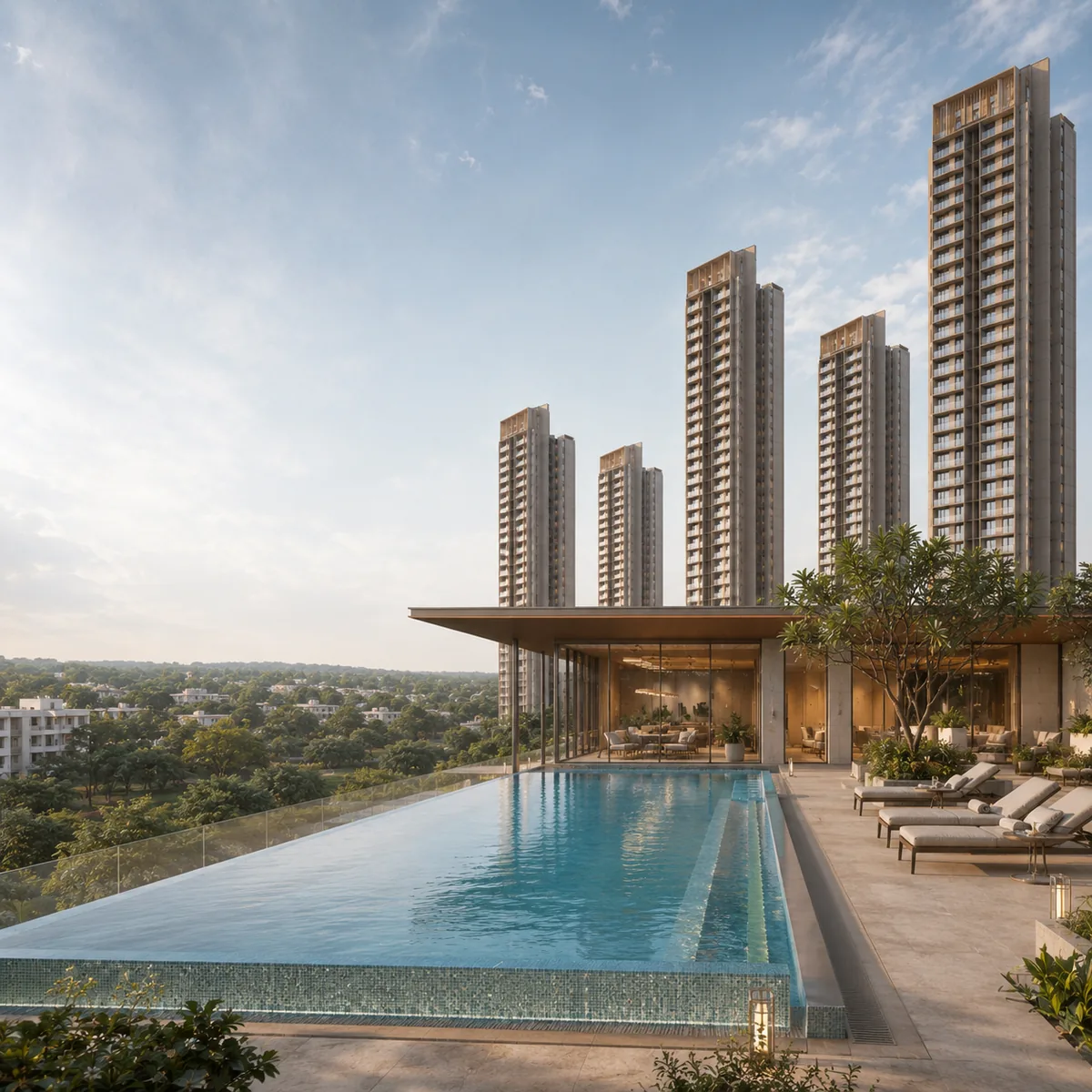 Assetz Nari & Nami indicative rooftop swimming pool on the clubhouse terrace looking east across the Seegehalli and Kannamangala belt Assetz Nari & Nami indicative rooftop swimming pool on the clubhouse terrace looking east across the Seegehalli and Kannamangala belt
