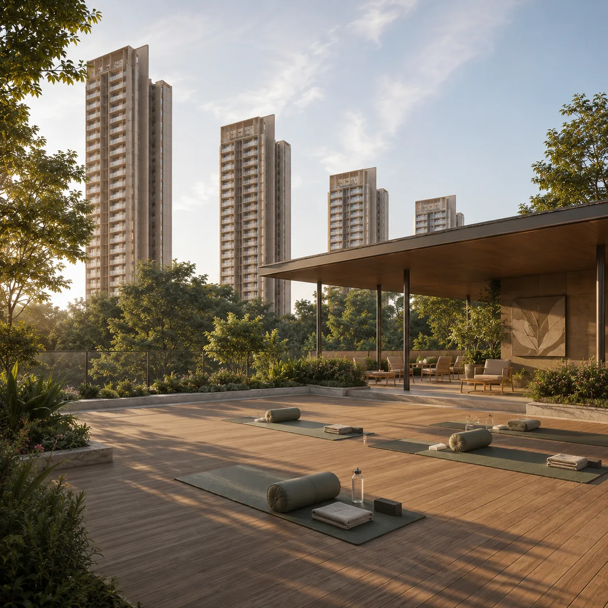 Assetz Nari & Nami indicative open-air wellness and yoga deck with planting beds and shaded seating on the podium level Assetz Nari & Nami indicative open-air wellness and yoga deck with planting beds and shaded seating on the podium level