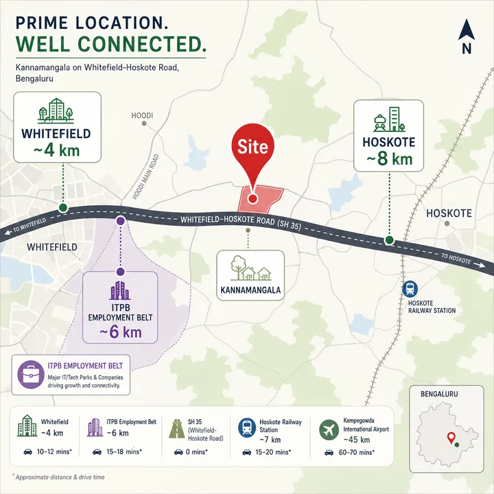 Assetz Nari & Nami location map at Kannamangala on the Whitefield-Hoskote Road, SH-35, showing Whitefield, the ITPB employment belt and Hoskote Assetz Nari & Nami location map at Kannamangala on the Whitefield-Hoskote Road, SH-35, showing Whitefield, the ITPB employment belt and Hoskote